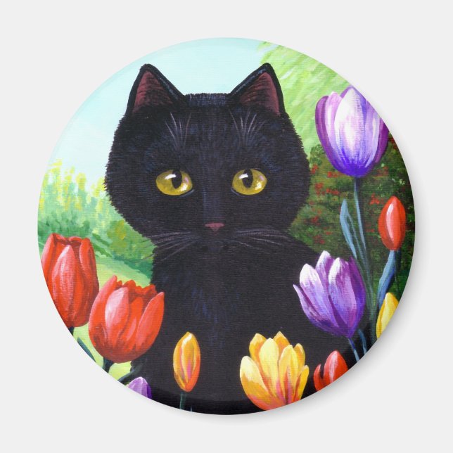 Imã Flores de Arte Original de Gato Negro Primavera (Frente)