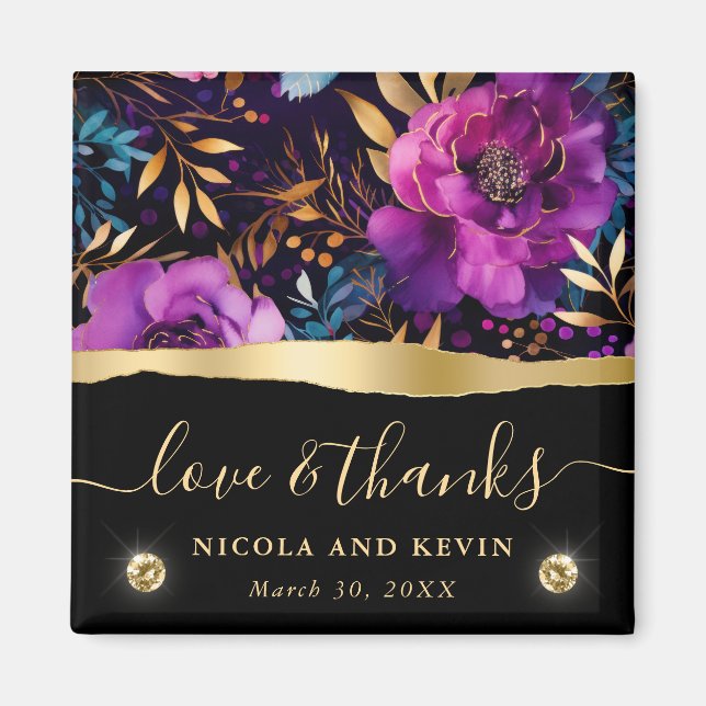 Imã Flores de Casamento Roxas e Turquesa em Aquarela (Frente)