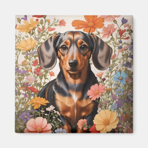 Imã Flores De Dachshund Castanho E Cosmos