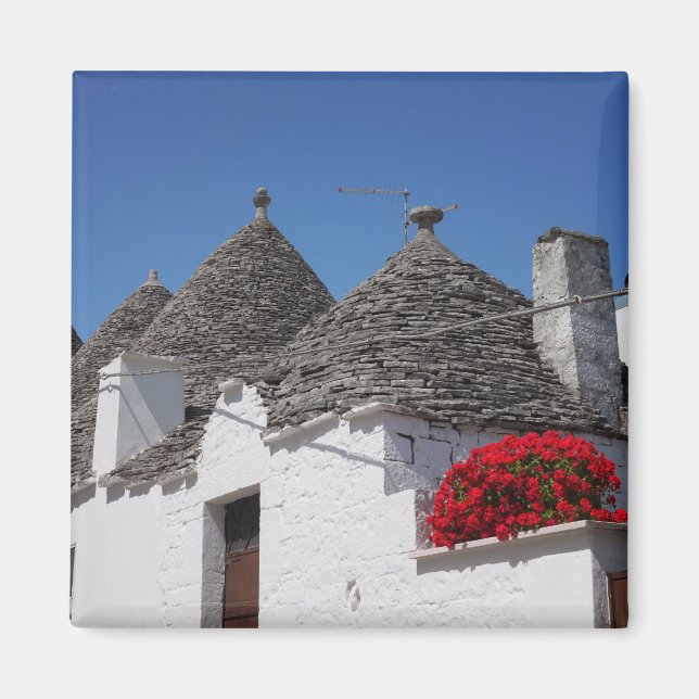 Imã Flores de gerânio e casas de trulli em Alberobello (Frente)