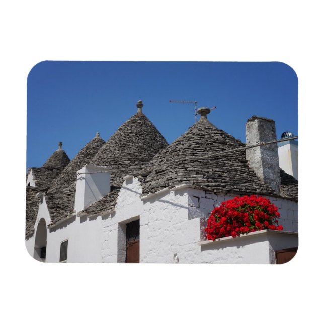 Ímã Flores de gerânio e casas de trulli em Alberobello (Horizontal)