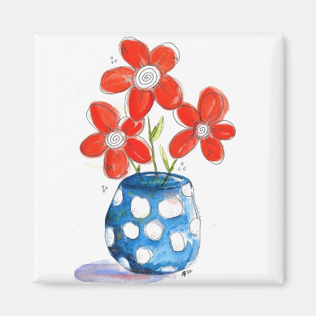 Imã Flores de Laranja Whimsical em Vaso Azul (Frente)