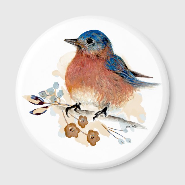 Imã Flores de Pássaro Azul Aquarela (Bluebird Flowers Watercolor Magnet from Jenn Steffen Art)
