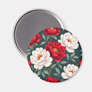 Imã Flores de peônia vermelhas e brancas