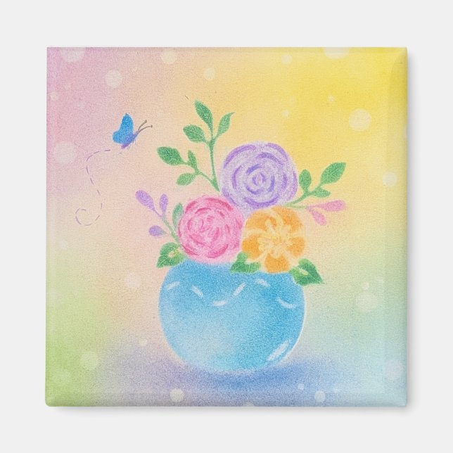 Imã Flores de Vaso Pastel Arte Borboleta (Frente)