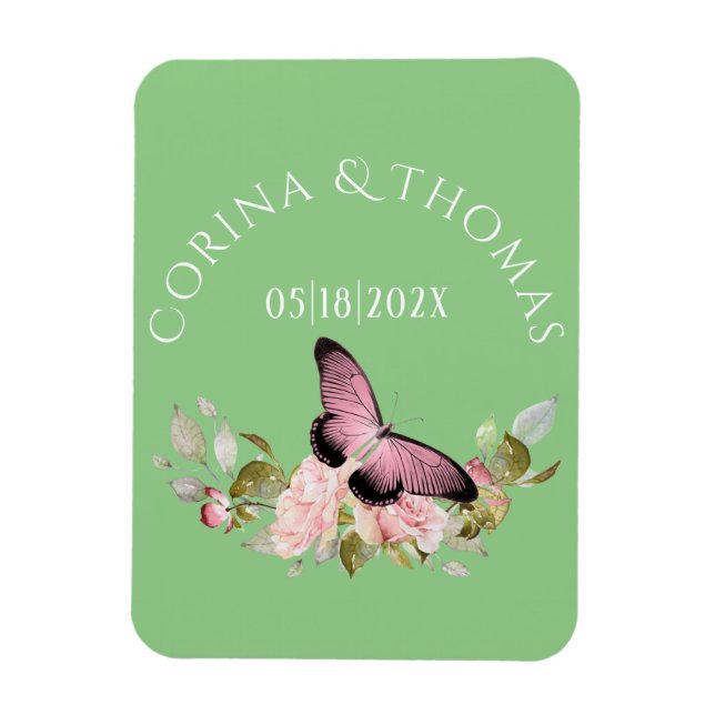 Ímã Flores e borboletas rosa no casamento verde (Vertical)