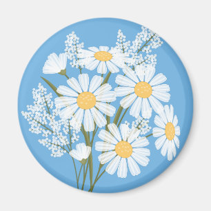 Imã Flores Elegantes Margaridas Brancas no Azul