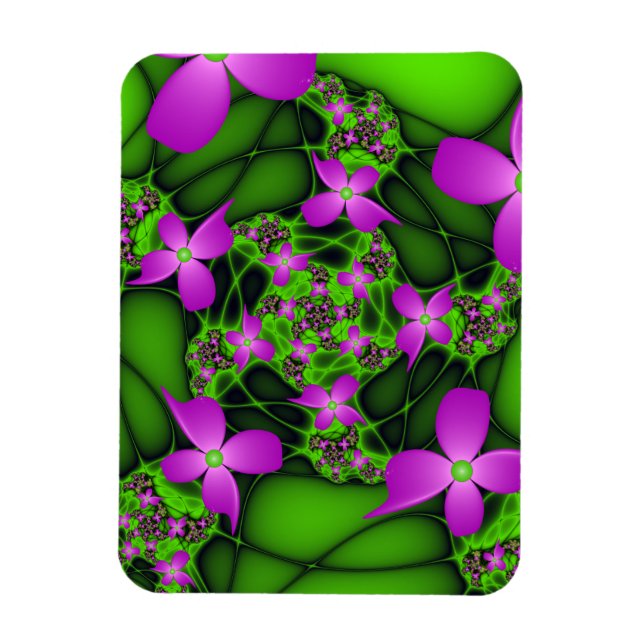 Ímã Flores Fractais Abstratas Modernas Rosa Verde Neon (Vertical)