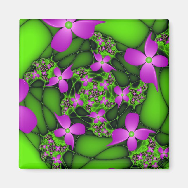 Imã Flores Fractais Modernas Abstratas Rosa Verde Neon (Frente)