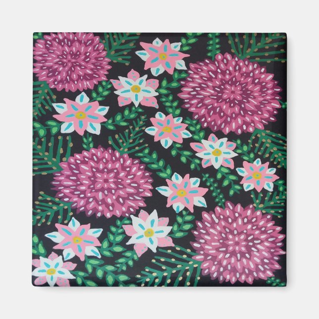 Imã Flores magenta em preto (Frente)