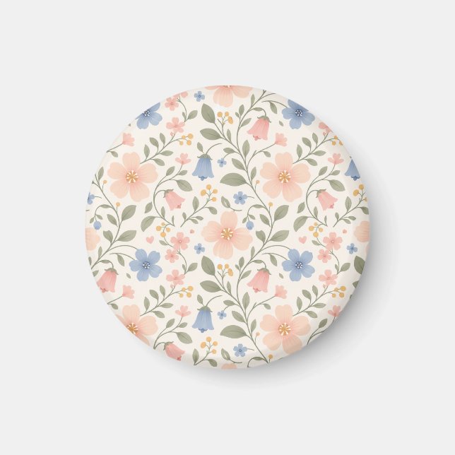 Imã Flores Pastel Florais Rosa Suave e Azul (Frente)