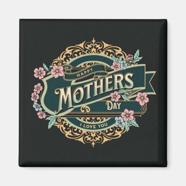 Imã Flores Pretas e Douradas de Dia de as mães Feliz (Frente)