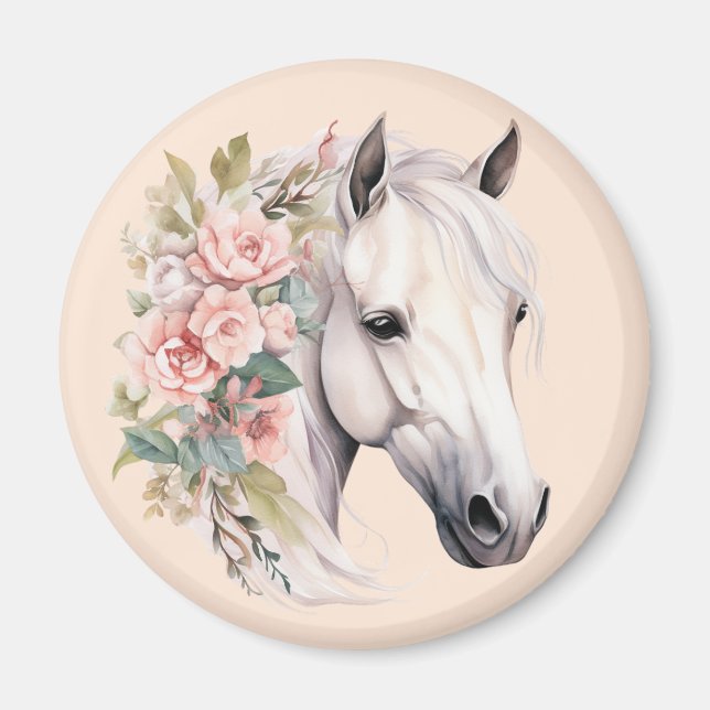 Imã Flores Rosa bonito, Cavalo Branco Elegante (Frente)