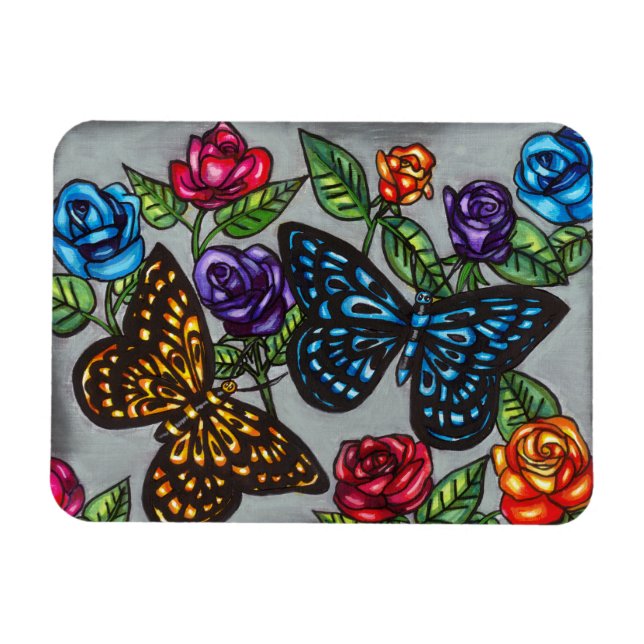 Ímã Flores rosa da borboleta desenho natural original (Horizontal)