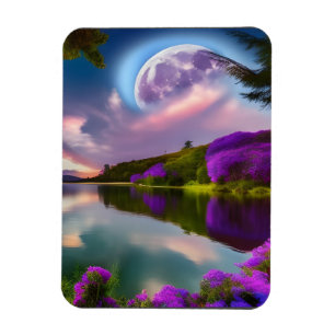 Ímã Flores roxas Lua e reflexo do lago