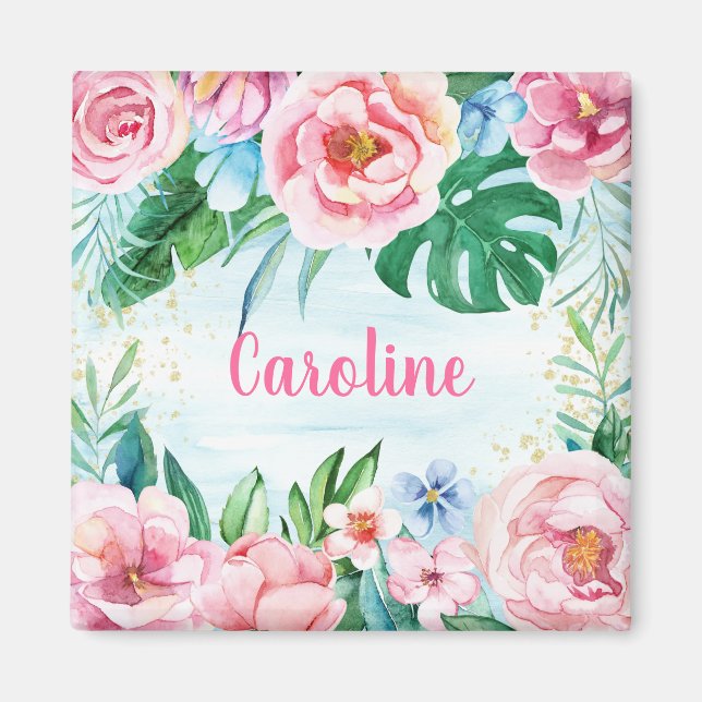 Imã Flores Tropicais Palma Deixa Aquarela Verde Rosa (Frente)