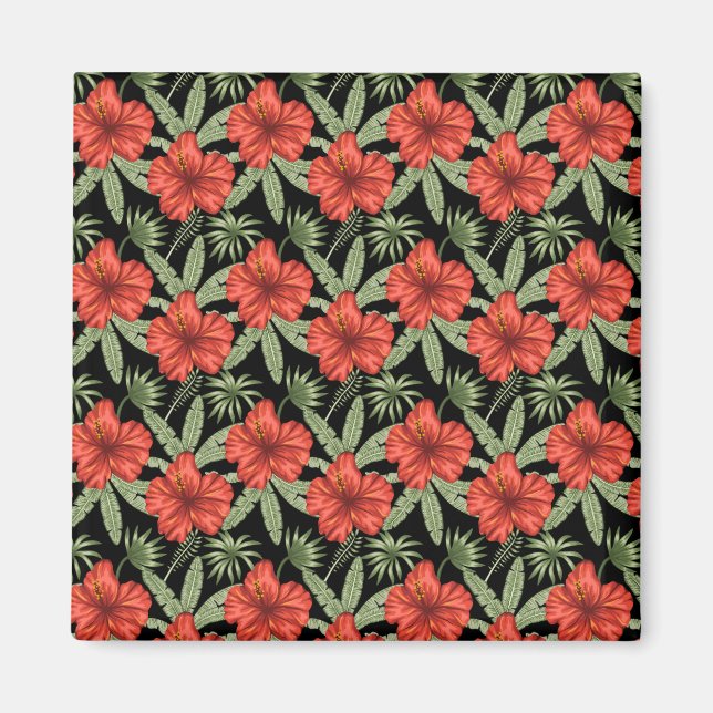 Imã Flores tropicais vermelhas Folhas verdes (Frente)