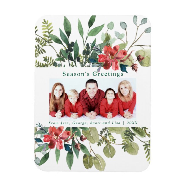 Ímã Flores Vermelhos Aquarelas Foto de inverno Verde (Vertical)