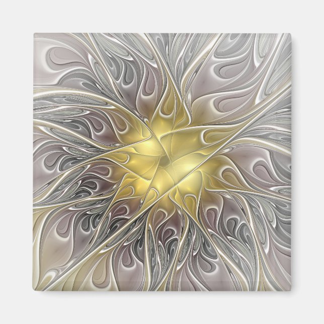 Imã Florescer Com Flor Fractal Abstrata Moderna Dourad (Frente)