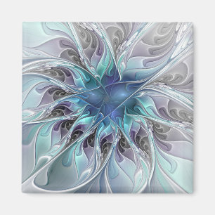 Imã Florescer Floral Fractal Moderno Abstrato Com Azul