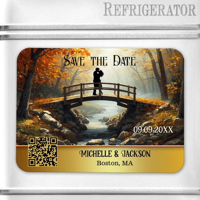 Ímã Floresta Romântica de Outono Salvar a Data (Save the Date magnet featuring a painting of a couple on a bridge in a fall forest - with QR code)