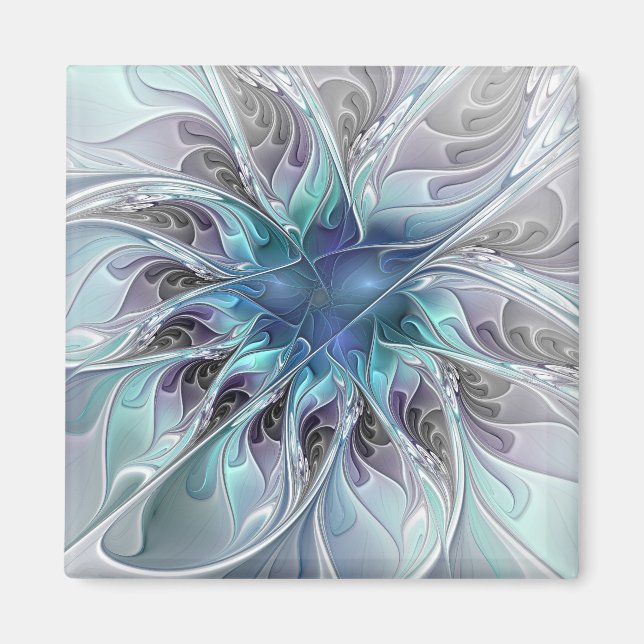 Imã Flourar Abstrato Moderno Flor Fractal Com Azul (Frente)