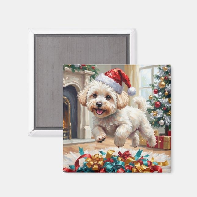 Imã Fluffy Bichon Frise Dog Joyful Christmas (Front/Back)
