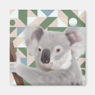 Imã Fluffy Koala Green Fundo Geométrico