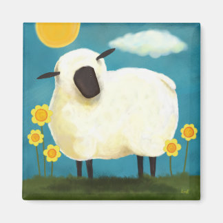 Imã Fluffy Sheep & Yellow Flowers Art Magnet