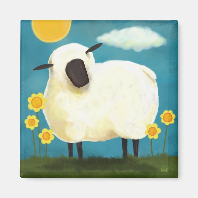 Imã Fluffy Sheep & Yellow Flowers Art Magnet (Frente)