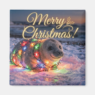 Imã Foca Bebê Fofa Envolta em Luzes de Natal
