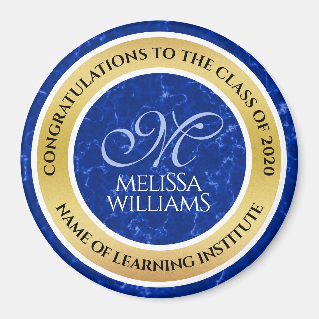 Imã Folha de Ouro Azul Marble Monograma de Graduação E (Frente)