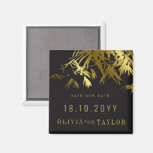 Imã Folhas de Bambu Preto e Dourado Save The Date Asiá