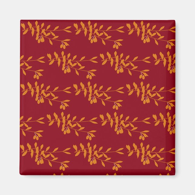 Imã Folhas do ramo da silhueta laranja em vermelho (Frente)