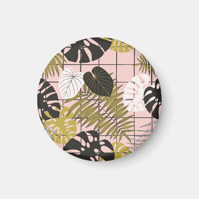 Imã Folhas tropicais, flores, padrão pintado à mão. (Frente)