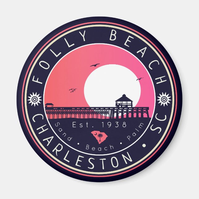 Imã Folly Beach SC Souvenirs Retro Sunset Pier 60s (Frente)
