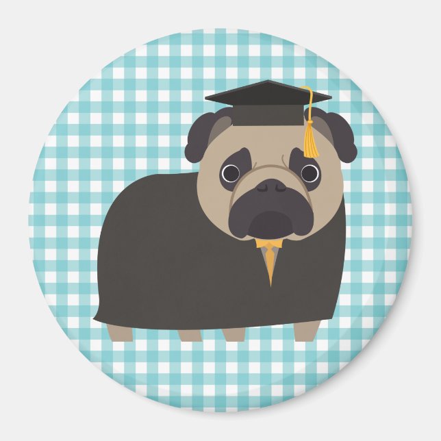 Imã Formando Pug em Azul e Branco Gingham Design (Frente)