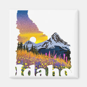 Imã Formato de Idaho com montanha e flores silvestres