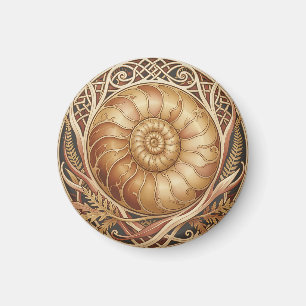 Imã Fóssil de Ammonite Dourado Padrão Ornate Moldura C