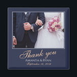 Imã Foto Azul Moderna Elegante Obrigado Casamento<br><div class="desc">Um imã de casamento favorito com uma foto de casamento, noiva, noiva e noivo e data de casamento. Personalize com sua foto de casamento e outros detalhes. O texto está em um script e o fundo é azul marinho escuro. Um obrigado elegante e na moda, seu imã, excelente como presente...</div>