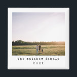 Imã Foto da família de máquinas de escrever minimalist<br><div class="desc">Este simples e moderno ímã de fotos da família apresenta um lugar para você adicionar seus nomes e uma foto principal, juntamente com o ano, em uma bela tipografia da máquina de escrever. O presente minimalista perfeito para qualquer membro da família este inverno!</div>