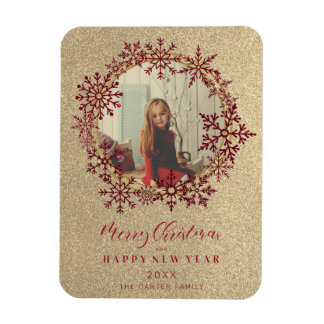 Ímã Foto da família de Natal Red Sparkles Snowflakes