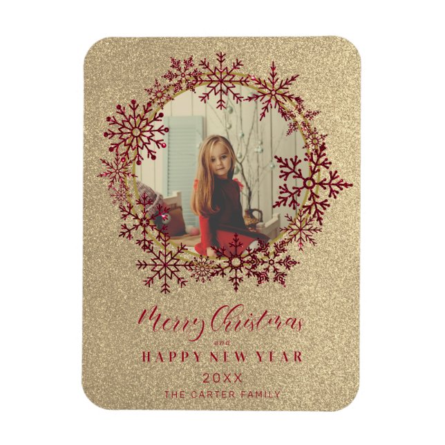 Ímã Foto da família de Natal Red Sparkles Snowflakes (Vertical)