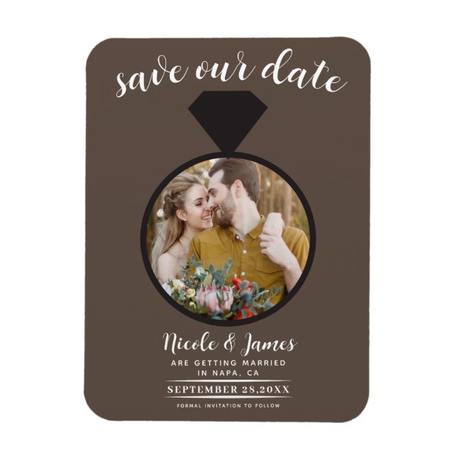 Ímã Foto de Anel de Noivado Marrom Médio Save the Date (Vertical)