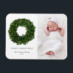 Ímã Foto de Boxwood Wreath Pintada à Mão Primeiro Nata<br><div class="desc">Celebre o espírito de Natal com nosso ímã de Natal fotográfico personalizável! Perfeito para capturar os seus momentos festivos favoritos, este ímã permite-vos criar uma vigilância única que mostra a alegria e o amor da vossa família durante a época de férias. Este imã de Natal ilustra uma coroa de madeira...</div>