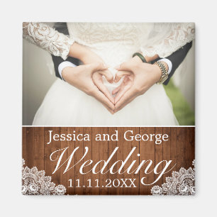 Imã Foto de Casamento de Madeira Rústica e Lace Branc