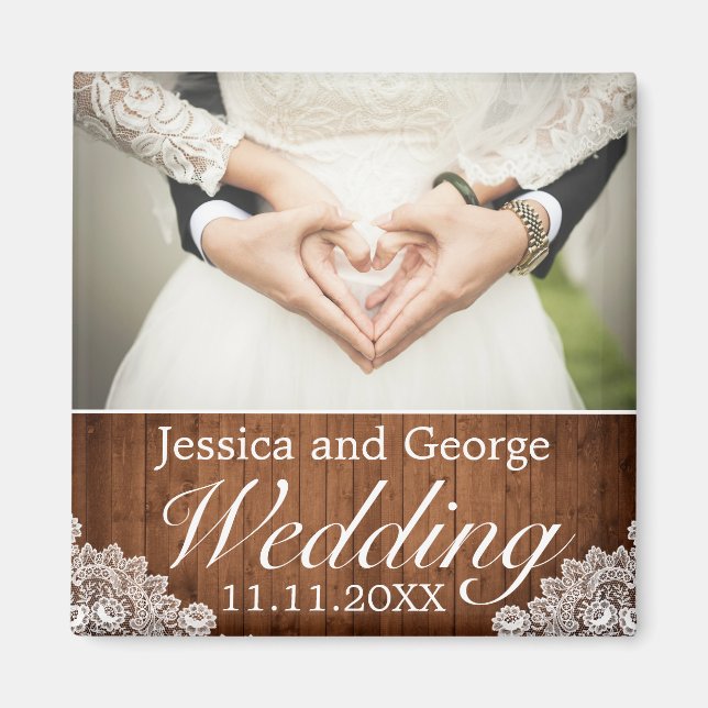Imã Foto de Casamento de Madeira Rústica e Lace Branco (Frente)