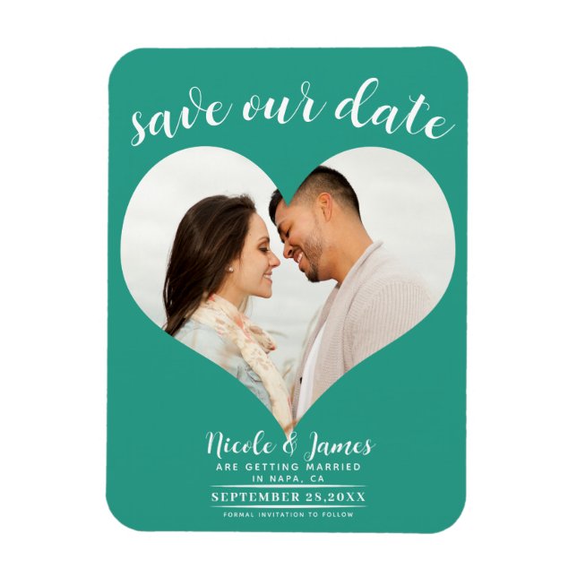 Ímã Foto de Coração Azul Esverdeado de Casamento Save  (Vertical)