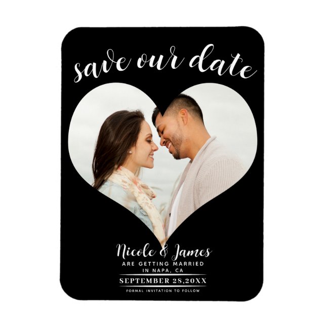 Ímã Foto de Coração Negro Casamento Salvar a Data (Vertical)
