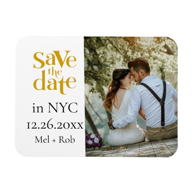 Ímã Foto de Divisão Dourada Moderna Salva A Data (Horizontal)